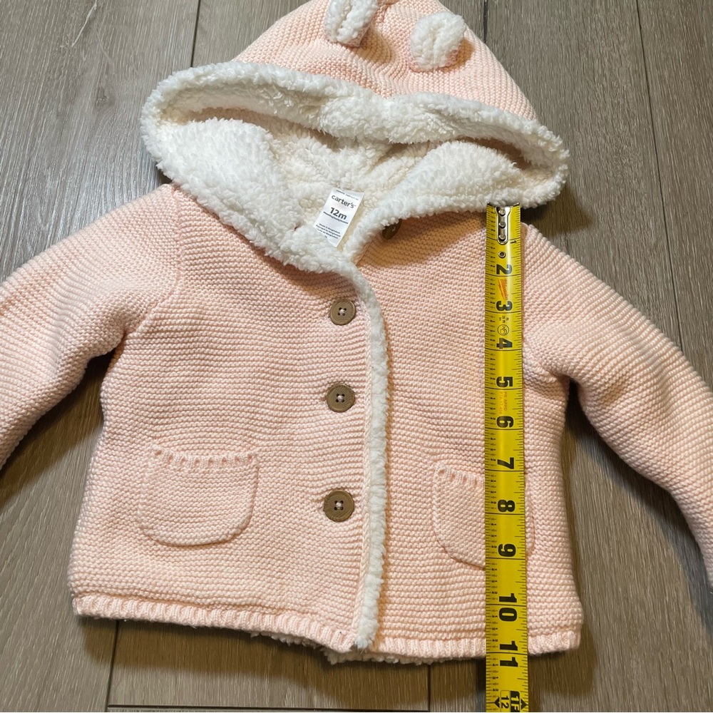 Carter's 12M‎ Baby Girl Pink Knit Sherpa Lined Hooded Cardigan Jacket Bear Ears - Picture 8 of 8